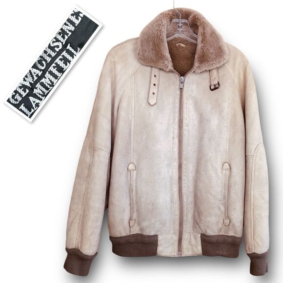 100% Gewachsenes Lammfell Suede Shearling Aviator Bomber Jacket Taupe Sz 50-US M - Picture 4 of 12